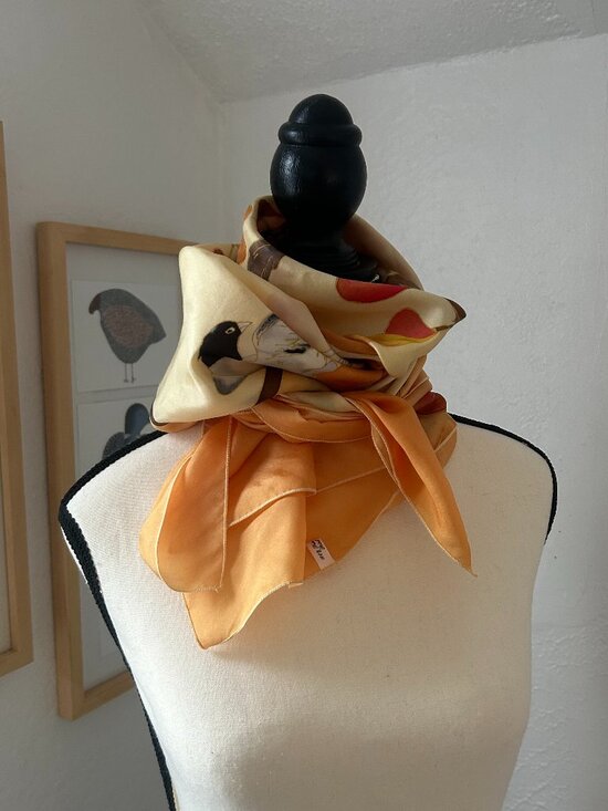 Lovely 100% Silk Scarf Print 34 inches square floral orange yellow but with SNAG - Picture 1 of 8